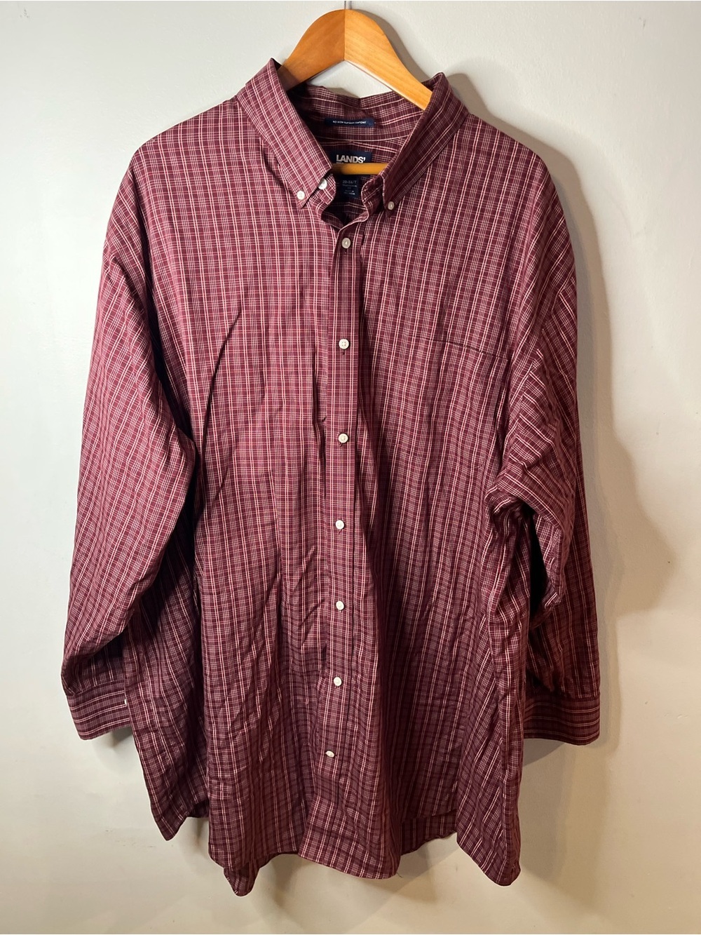 Big and Tall Lands' End Men's Burgundy Plaid Button-Down Shirt